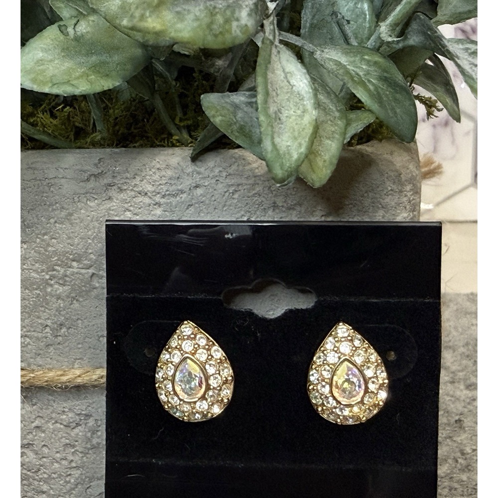 Swarovski Swan Mark Pave Crystal AB Stud Earrings Gold Tone Teardrop Signed